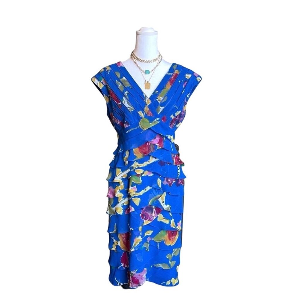Floral Tiered Blue Sleeveless V-Neck Dress, Ruffled Layers,  Multicolor Print